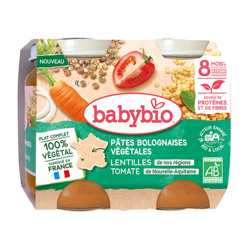 BABYBIO Pâtes Bolognaises Végy Carottes Lentilles Tomates 200 gr + 8 mois